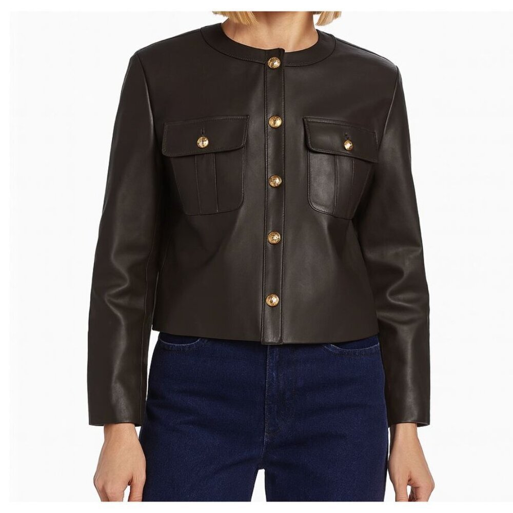 Nili Lotan Kitra Cropped Leather Jacket Brown Size Small Smooth Gold Buttons - Picture 2 of 9
